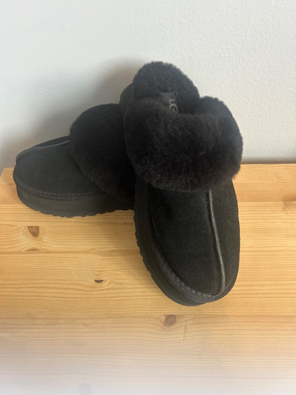 UGG Black Suede Shearling-Trim Slip-On Mules